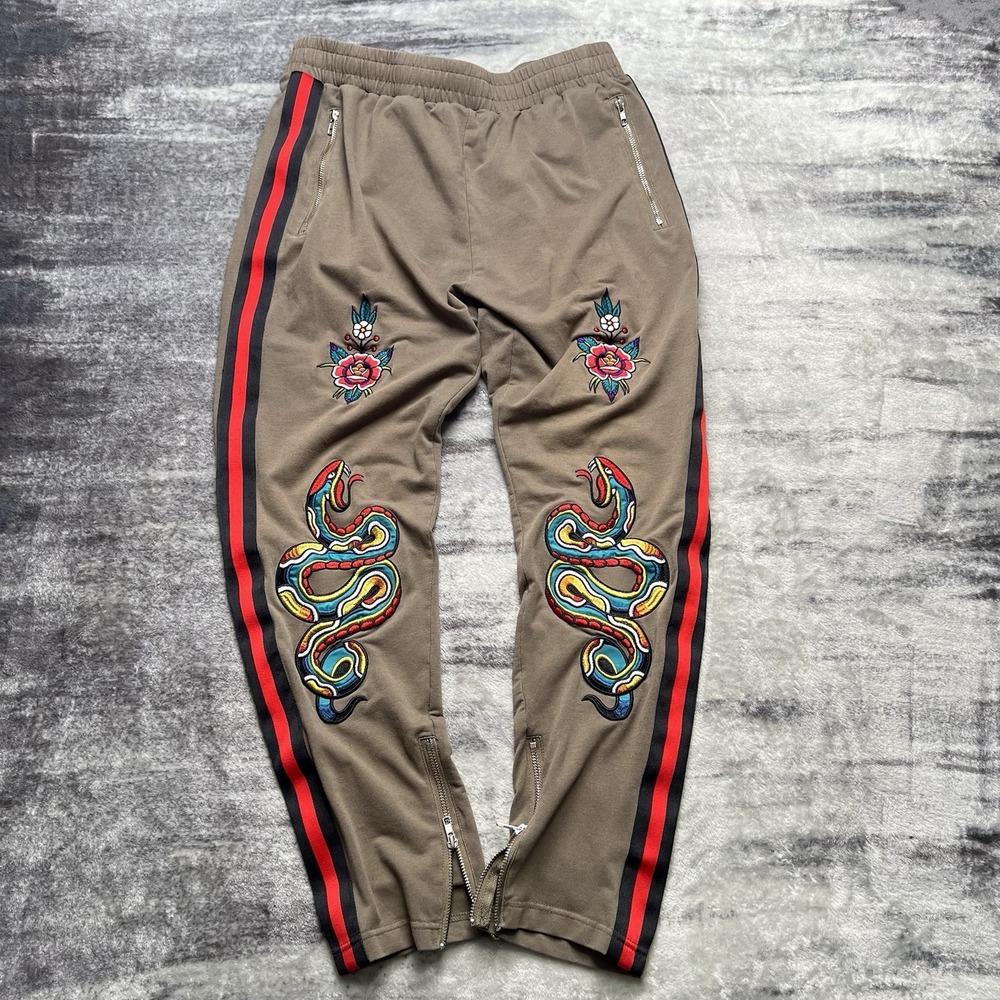 Damati Joggers Pants Men's XL Embroidered Zipper Pockets Olive Green Snake